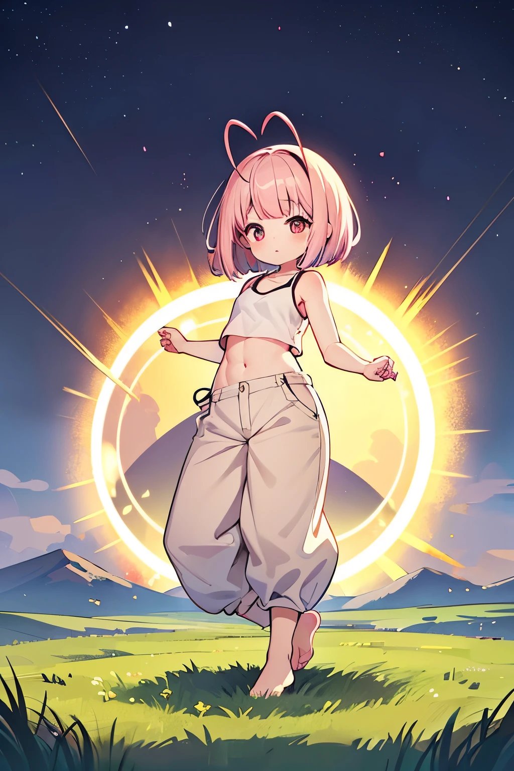 best quality, super fine, 16k, incredibly absurdres, extremely detailed, delicate and dynamic, cute girl, pink bob cut, two antennae, big eyes, red pupils, small and cute, blue crop tank top, abs, loose-fitting beige Arabian pants, barefoot, vast expanse of grass, swirling effect of glittering aura