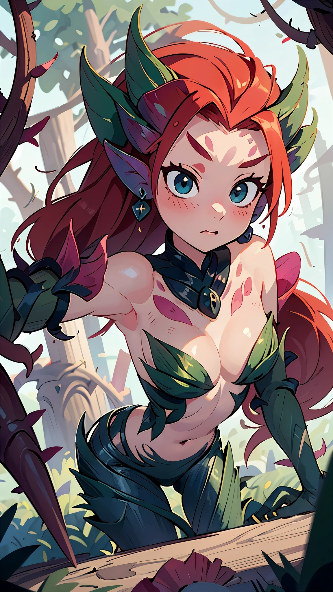 Zyra - Rise of the Thorns - League of Legends a high definition, 8k, detailed face, thin and thin, body of equal proportion in his chest)), four fingers and 1 thumb, ((2 hands of red hair, UHD, small breast, detailed eyes, cute, cute grin, blush, happy, SFW, spoken heart, (in love with viewer), wants a kiss, leaning into viewer, puckered lips, face closeup, half-closed eyes, (leaning in for a kiss), lips, hooded eyes, long eyelashes, extreme closeup, (face focus),