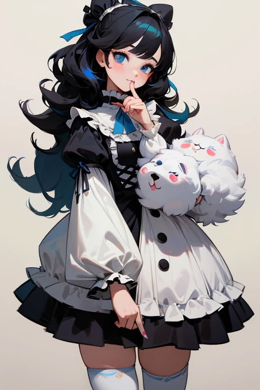 1GIRL, cowboy shot, VICTORIAN OUTFIT, LOLITA ATTIRE, MULTICOLOR, FLUFFY HAIR, MAKEUP, finely detailed, (best quality), (intricate details), multicolored, ((long jet black hair)), ((hair in fluffy)), best quality, ((short puffy long sleeve dress)), ((white ruff)), ((thigh high socks)), ((socks are white)), ((round eyes)), wears a big blue bow on head, beautiful face, cute face, pinup, perfect face, victorian yard background, ((blue eyes))