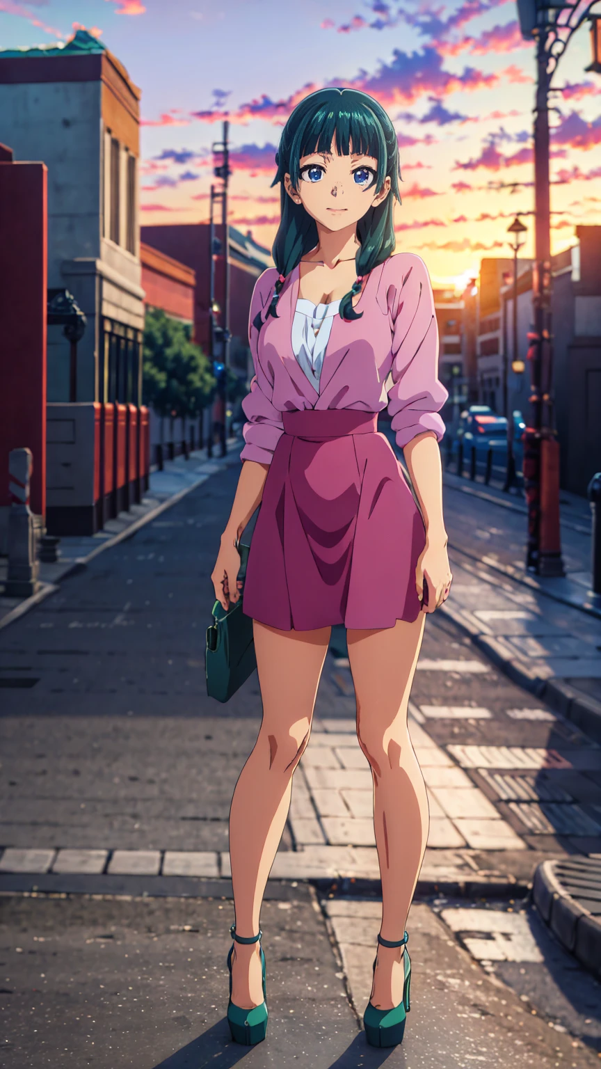 ((Best quality)), ((masterpiece)), (anime), a beautiful sexy girl walking in a short skirt, a blouse and platform high heels, blue eyes, green hair, smooth skin, cleavage, ((full body)), smile, shoulders exposed, anime, green eyes, maomao, Under street lights, ((Sunset Dusk)),