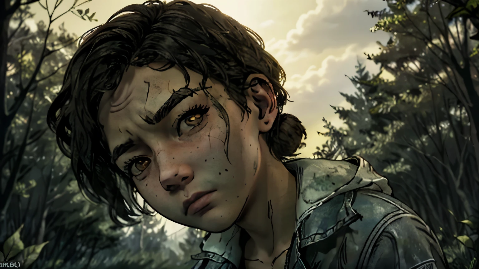 (masterpiece, best quality), 1girl, ClemTWD, solo, head tilted down, death stare, brown hair, brown eyes, freckles, looking at viewer, short hair, mad, angry, frown, teeth, scold, dirt, the walking dead game style, dark gloomy forest background