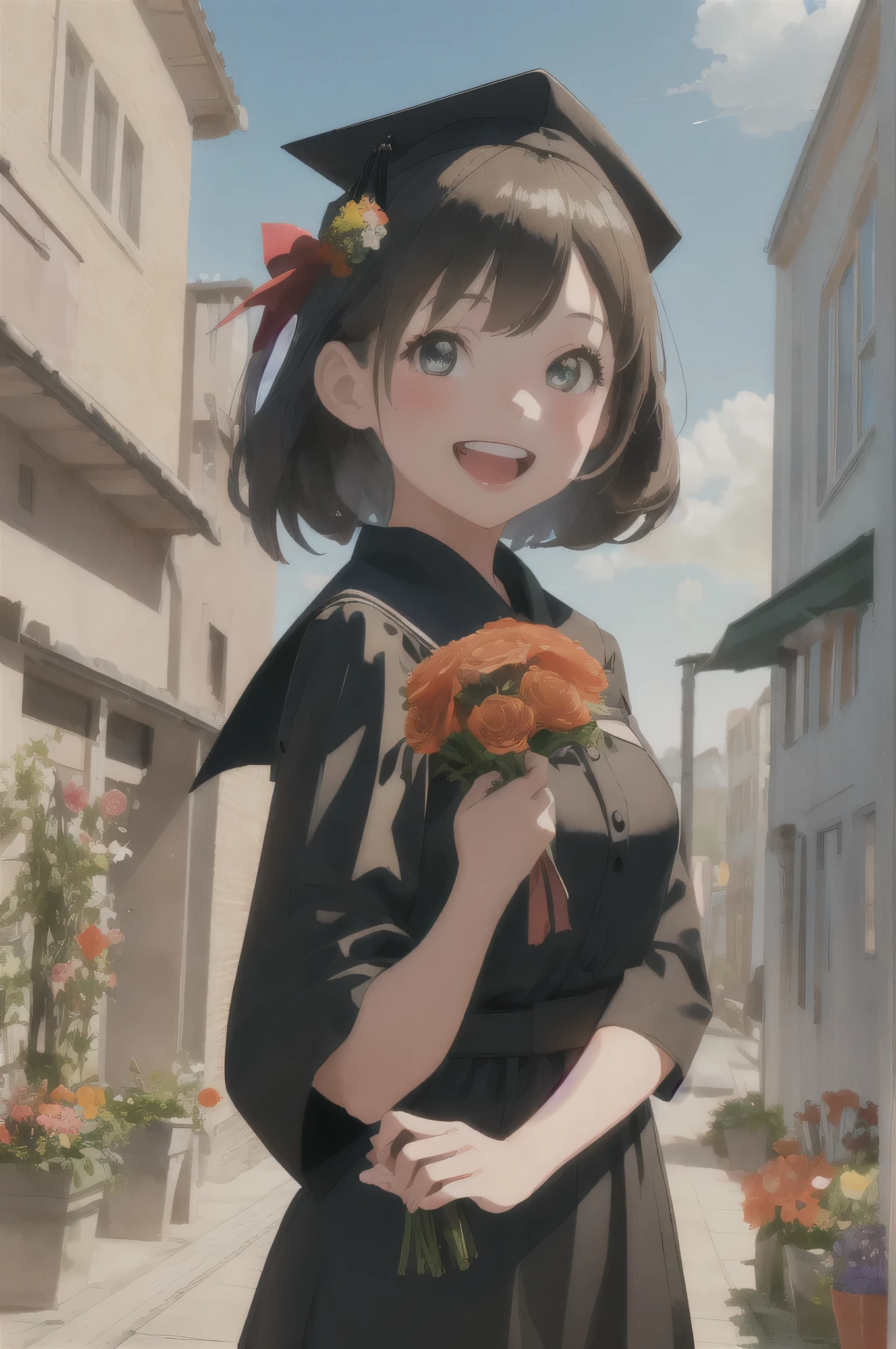 ((best quality)), Beautiful and cheerful 3D illustration of a preschool girl in a black graduation gown. She holds a bouquet of flowers. The background is a scene full of energy and vitality，The sky is colorful.The whole atmosphere is festive and happy. illustration, typographic, photography, 3d rendering, Fashion. The girl&#39;s expression is surprisingly real((masterpiece)), (detailed)，black hair, Black bachelor's uniform, ((Graduation cap)),