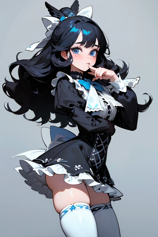 1GIRL, cowboy shot, VICTORIAN OUTFIT, MULTICOLOR, FLUFFY HAIR, MAKEUP, finely detailed, (best quality), (intricate details), multicolored, ((long jet black hair)), ((hair in fluffy)), best quality, ((short puffy long sleeve dress)), ((white ruff)), ((thigh high socks)), ((socks are white)), ((round eyes)), wears a big blue bow on head, beautiful face, cute face, pinup, perfect face, victorian yard background, ((blue eyes))