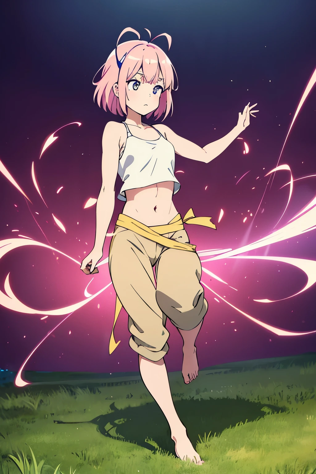 best quality, super fine, 16k, incredibly absurdres, extremely detailed, delicate and dynamic, cute girl, pink bob cut, two antennae, big eyes, red pupils, small and cute, blue crop tank top, abs, loose-fitting beige Arabian pants, barefoot, vast expanse of grass, swirling effect of glittering aura