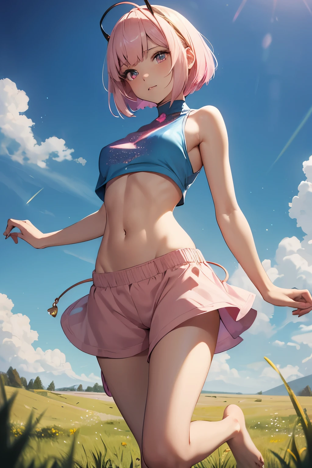 best quality, super fine, 16k, incredibly absurdres, extremely detailed, delicate and dynamic, cute girl, pink bob cut, two antennae, big eyes, red pupils, small and cute, blue crop tank top, abs, loose-fitting beige Arabian pants, barefoot, vast expanse of grass, swirling effect of glittering aura