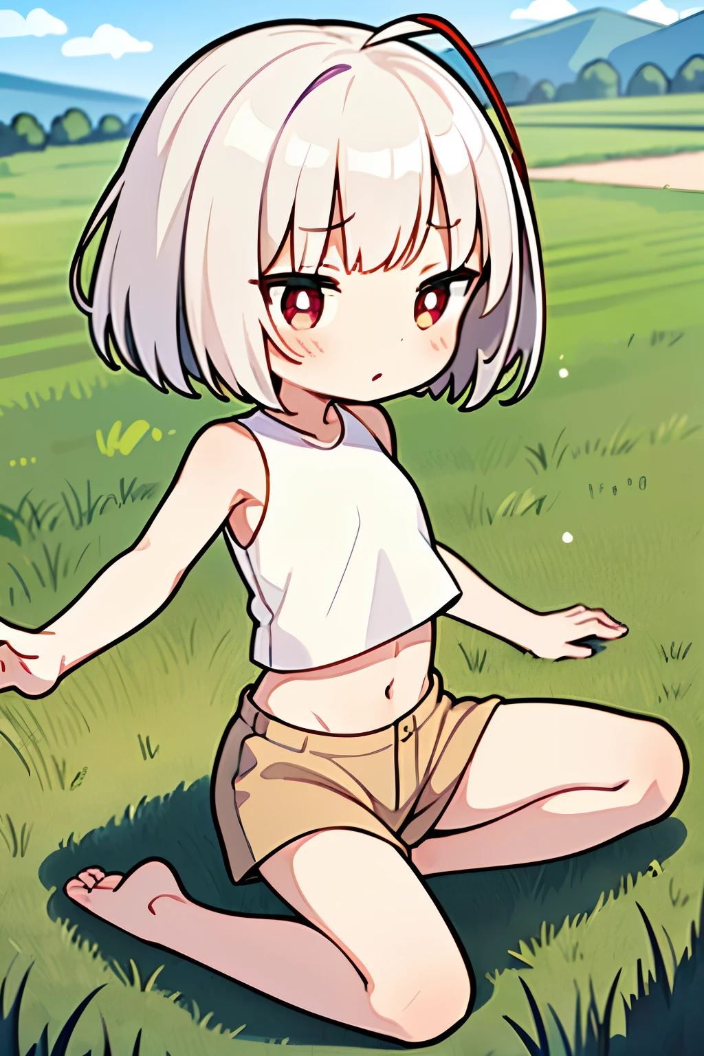 best quality, super fine, 16k, incredibly absurdres, extremely detailed, delicate and dynamic, cute girl, pink bob cut, two antennae, big eyes, red pupils, small and cute, blue crop tank top, abs, loose-fitting beige Arabian pants, barefoot, vast expanse of grass, swirling effect of glittering aura