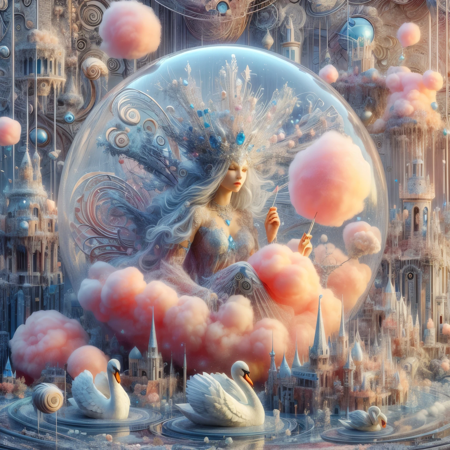 Cotton Candy Queen Women Goddess 8k Resolution Rendered Hyper Realistic Intricate Detail lives in an frosty ice bubble, a fanciful place filled with castles, cotton candy, swans lakes and fluffy clouds, An intricate visual representation of computer programing, rendered in 24k resolution with intricate details and symbols.