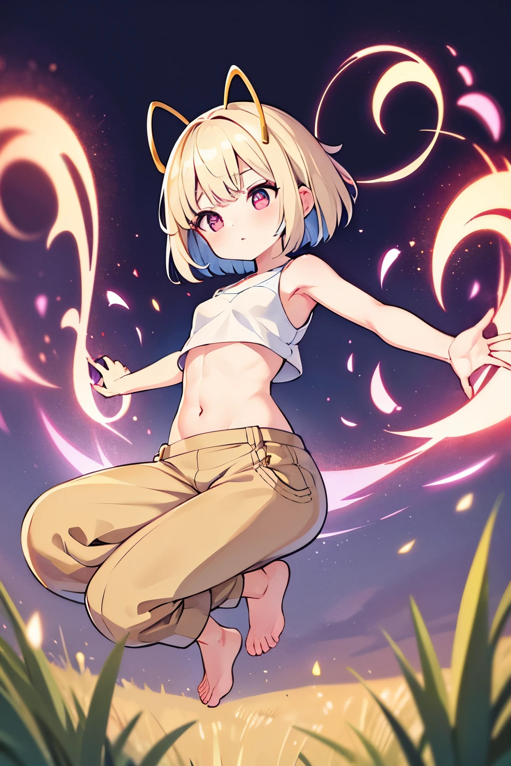 best quality, super fine, 16k, incredibly absurdres, extremely detailed, delicate and dynamic, cute girl, pink bob cut, two antennae, big eyes, red pupils, small and cute, blue crop tank top, abs, loose-fitting beige Arabian pants, barefoot, vast expanse of grass, swirling effect of glittering aura