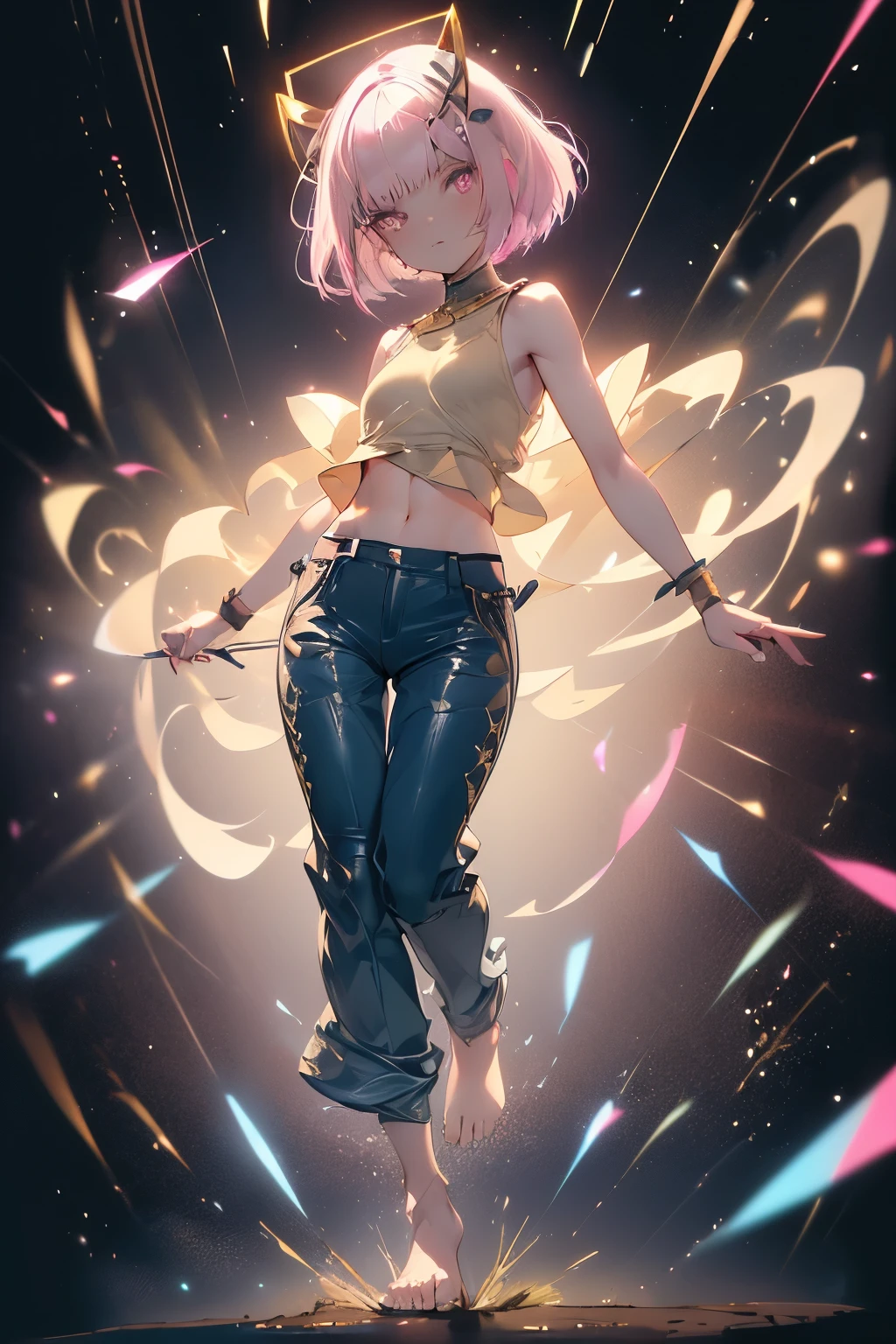 best quality, super fine, 16k, incredibly absurdres, extremely detailed, delicate and dynamic, cute girl, pink bob cut, two antennae, big eyes, red pupils, small and cute, blue crop tank top, abs, loose-fitting beige Arabian pants, barefoot, vast expanse of grass, swirling effect of glittering aura