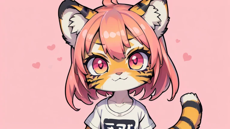 (obra maestra, Alta calidad, mejor calidad, 8K, high resolution), ((estilo chibii, Chibi lindo)), (solo, 1 girl), {Tiger Girl, cara de tigre, 2 colmillos, long eyelashes, delineador de ojos} {bigotes de tigre}, (((Piel de tigre por todo el cuerpo., Rayas de tigre en el cuerpo.))), (pelo naranja), cabello corto, Pinza para el cabello, [[Pinza para el cabello white flower on hair]], ((Muy feliz)), ((boca abierta)), ojos naranjas, [pupilas negras], ((buscando)), (very small breasts), brazos delgados, (un brazo arriba, un brazo hacia abajo), axilas, ((mini camiseta rosa, camiseta rosa completa)), {shorts blancos}, {{{mini cola de tigre, Cola en la espalda}}}, (cuerpo completo), (((de pie, jump angle))), dynamic pose, Fondo blanco, fondo sencillo, ((((Estilo Tora-chan no Hanayome)))), (old anime style 40s), estilo animado, anime color.