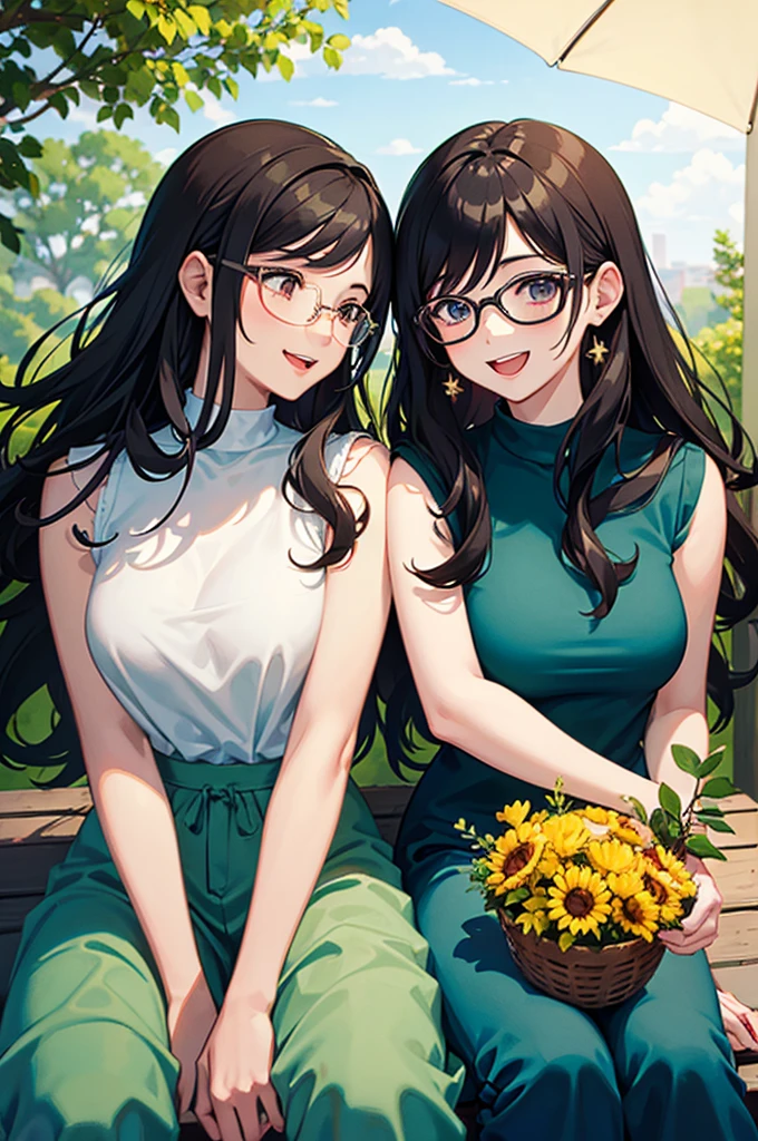 (masterpiece:1.2), high quality, high resolution, a devoted 25-year-old man with his girlfriend, black curly hair, wearing glasses, no beard, slightly awkward demeanor, 21-year-old woman, long black hair, not wearing glasses, , wearing a light blue sleeveless dress, laughing and having fun together in a park, joyful atmosphere, bright lighting, cheerful expressions, detailed, intricate, natural lighting, fun and lively style