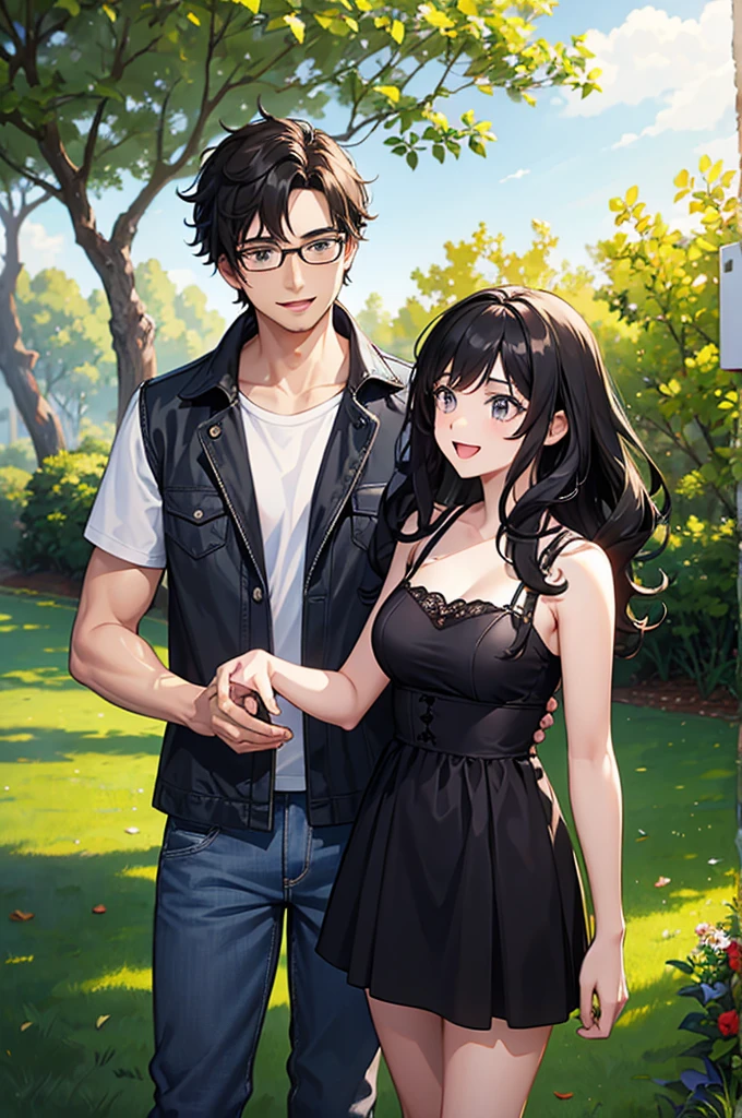 (masterpiece:1.2), high quality, high resolution, a devoted 25-year-old man with his girlfriend, black curly hair, wearing glasses, no beard, slightly awkward demeanor, 21-year-old woman, long black hair, not wearing glasses, , wearing a light blue sleeveless dress, laughing and having fun together in a park, joyful atmosphere, bright lighting, cheerful expressions, detailed, intricate, natural lighting, fun and lively style