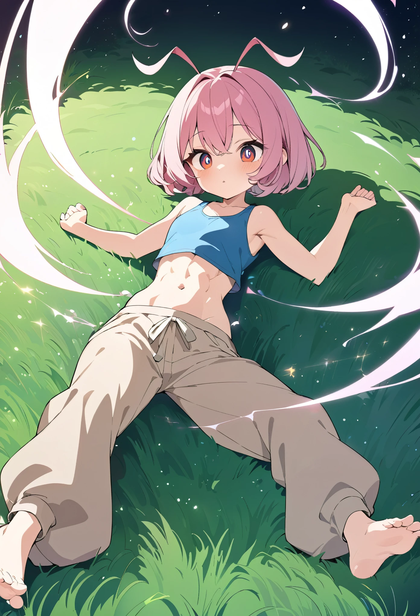 best quality, super fine, 16k, incredibly absurdres, extremely detailed, delicate and dynamic, cute girl, pink bob cut, two antennae, big eyes, red pupils, small and cute, blue crop tank top, abs, loose-fitting beige Arabian pants, barefoot, vast expanse of grass, swirling effect of glittering aura