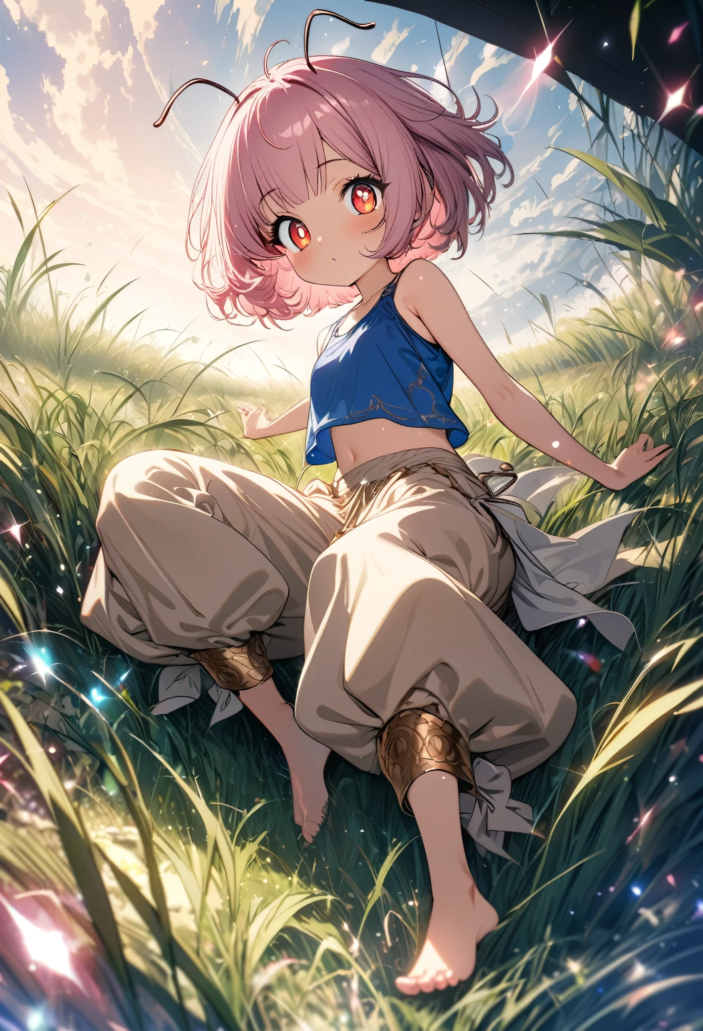 best quality, super fine, 16k, incredibly absurdres, extremely detailed, delicate and dynamic, cute girl, pink bob cut, two antennae, big eyes, red pupils, small and cute, blue crop tank top, loose-fitting beige Arabian pants, barefoot, vast expanse of grass, swirling effect of glittering aura