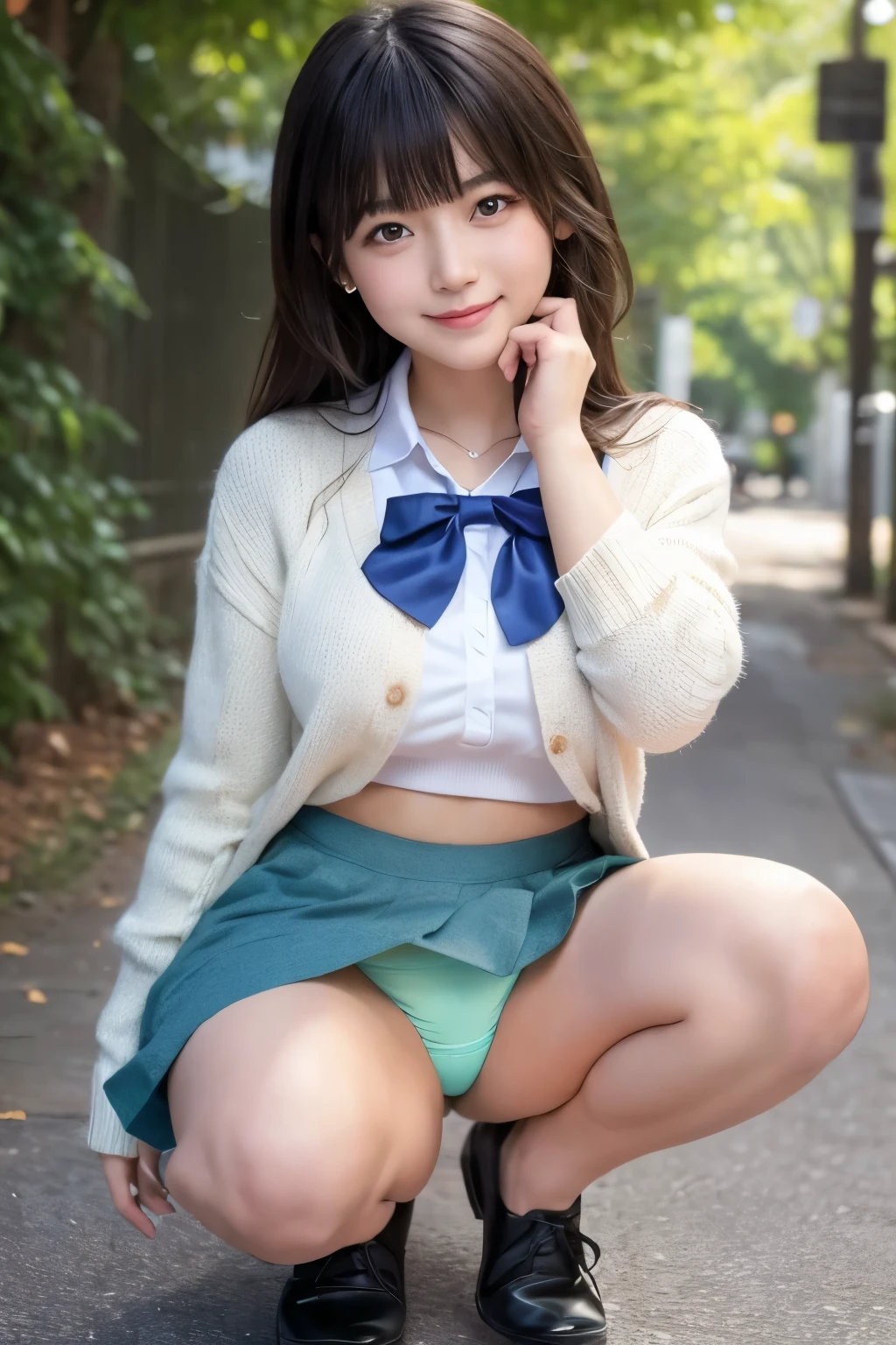 street, BREAK, (masterpiece, best quality, ultra detailed, (detailed face), 8k), BREAK, (1 girls, ((Japanese school girl)),  yo, (cute round childish) face, natural medium hair, cute bangs, 1 closed eye, painful, natural gigantic breasts,arms up, lovely, innocent, smile, white shirt, green bowtie, cardigan, lifted mini skirt, ((blue sexy lace panties)), ((squatting, widely spread legs), knees up), head tilt), (full body), perfect lighting