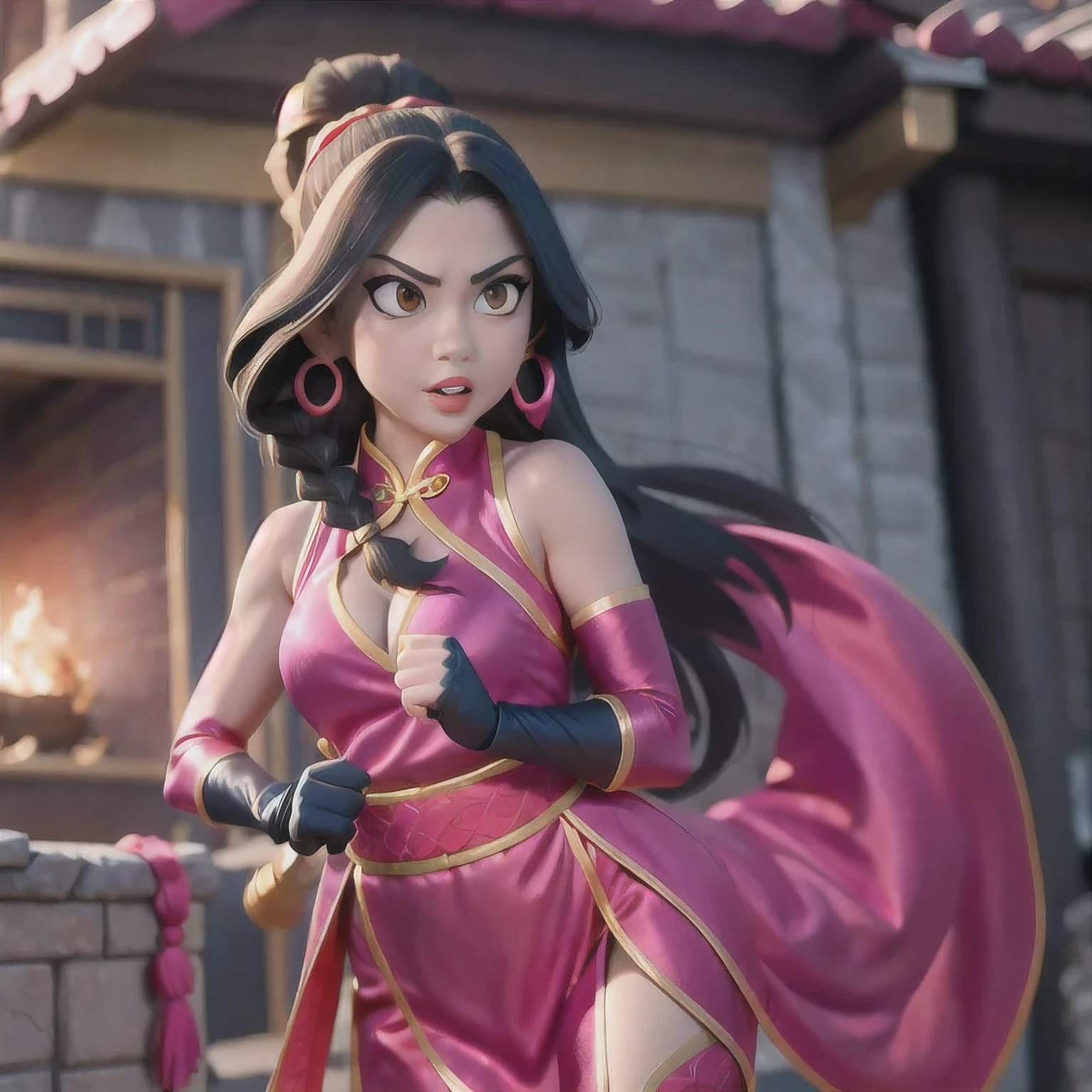 photoshoot 1 Ninja Turtles alternate costume((Colorful silk clothes)) bare shoulders black hair blurry bracelet braid brown hair chinese clothes 忍者神龟 dress earrings (((fighting stance))) fingerless gloves gloves jewelry lips lipstick long hair makeup medium breasts nose parted lips 落地 sleeveless solo