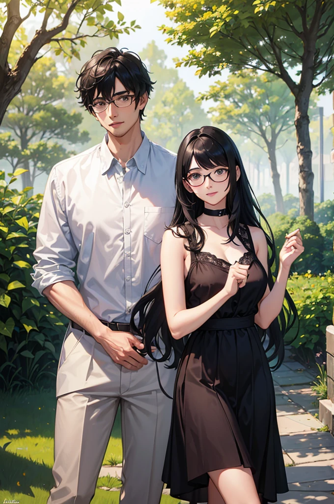 (masterpiece:1.2), high quality, high resolution, a devoted 25-year-old man with his girlfriend, black curly hair, wearing glasses, no beard, slightly awkward demeanor, 21-year-old woman, long black hair, not wearing glasses, , wearing a light blue sleeveless dress, happily spending time together in a park, realistic, detailed, intricate, natural lighting, realistic style