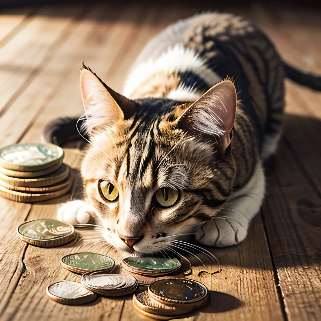RAW photo, 8K, realistic, cat ,money, (coin:1.3),