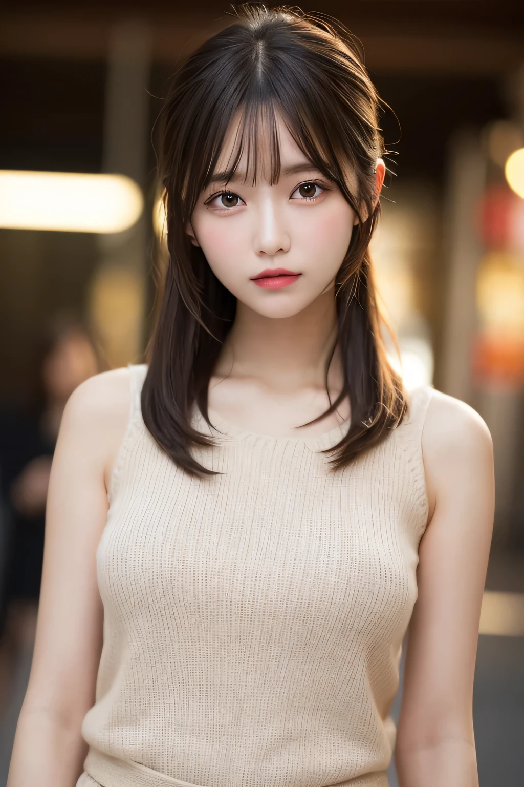 finely detail, hight resolution, hightquality、Perfect dynamic composition, Beautiful detailed eyes, Medium Hair, small tits、Natural Color Lip,Kamimei、Shibuya、18 years girl、1 persons、Transparent skin、Glowing hair、masutepiece, Best Quality, Illustration, Ultra-detailed, finely detail, hight resolution, 8K、The correct state of the human body、Randomly cute poses,Ponytail hair,beauty legs,Perfect beautiful face,KPOP Idol Face,Face that feels ecstasy,Pale pale beige knitted dress,Background blur,Do Guts Pose, Large Breasts, Slim Body,