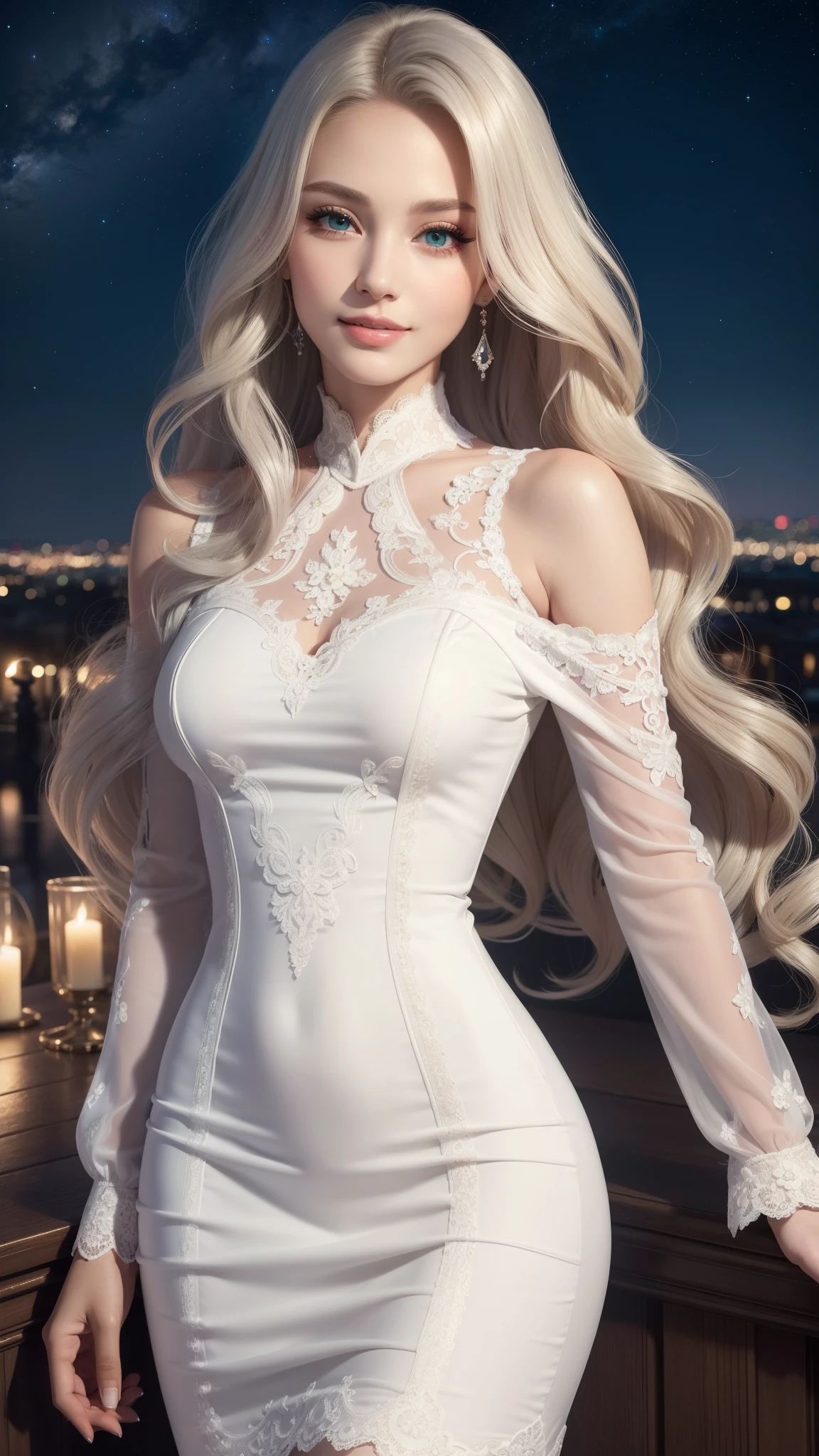 Masterpiece, beautiful detailed realistic definition, A beautiful woman , Extremely attractive woman, (smile), (platinum hair, wavy, very long, shiny hair), beautiful detail eyes, (emerald eyes), long eyelashes, mascara, eyeliner, (full details white Lace Dress, elegant long dress, long sleeve), tall slender figure, Extremely detailed skin texture, beautiful detailed realistic definition, expressive eyes, (perfect detailed beautiful determinate face), professional, Extremely aesthetic, Extremely detailed realistic clothing, starry night, rooftop, moonlight, cowboy shot, elegance posture, gentle smile