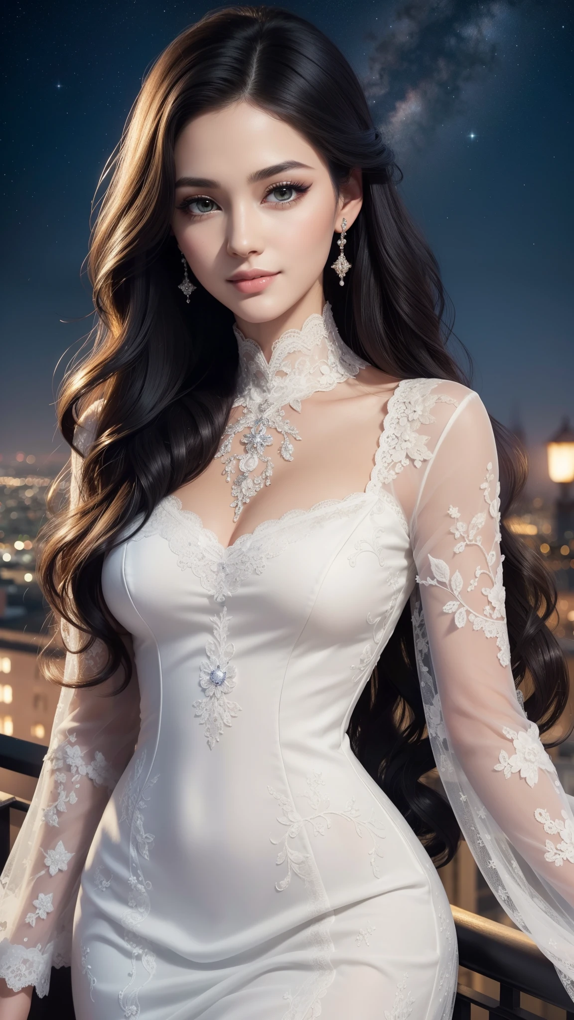 Masterpiece, beautiful detailed realistic definition, A beautiful woman , Extremely attractive woman, (smile), (black hair, wavy, very long, shiny hair), beautiful detail eyes, (emerald eyes), long eyelashes, mascara, eyeliner, (full details white Lace Dress, elegant long dress, long sleeve), tall slender figure, Extremely detailed skin texture, beautiful detailed realistic definition, expressive eyes, (perfect detailed beautiful determinate face), professional, Extremely aesthetic, Extremely detailed realistic clothing, starry night, rooftop, moonlight, cowboy shot, elegance posture, gentle smile 