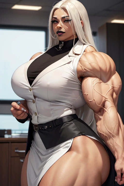 ((((Massive, beautiful, buff, light brown skinned muscular woman with white hair, black lipstick, ginormous bulky muscles and wearing a beautiful office shirt with white blazer coat and skirt)))), (close view), massive muscles, (long straight hair), blue eyes, office blouse, blazer coat, beautiful skirt, choker, smirk, high heel shoes, in the office, hyper muscle legs, Ginormous arms,