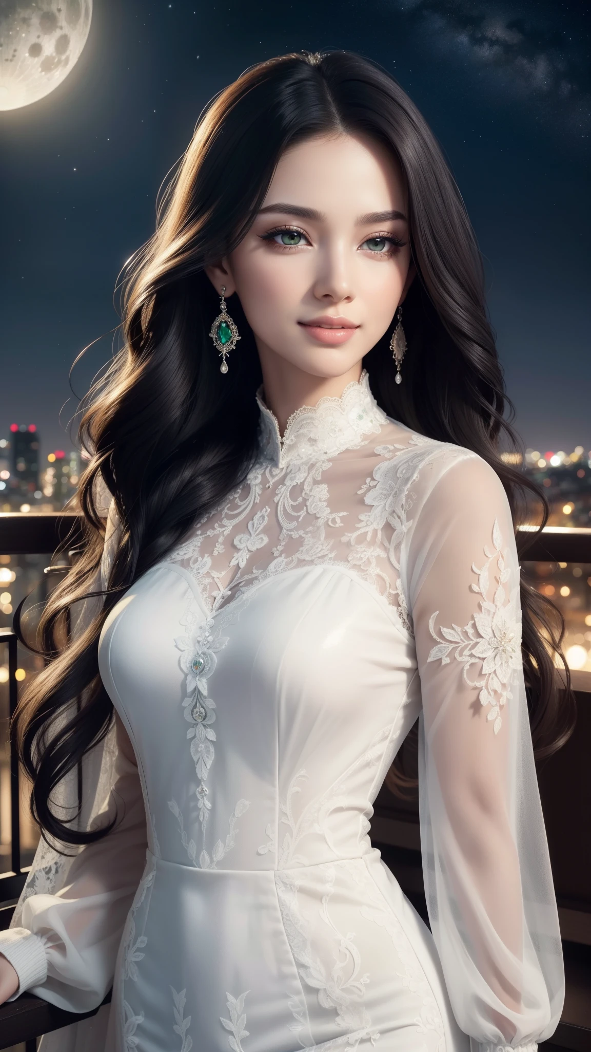 Masterpiece, beautiful detailed realistic definition, A beautiful woman , Extremely attractive woman, (smile), (black hair, wavy, very long, shiny hair), beautiful detail eyes, (emerald eyes), long eyelashes, mascara, eyeliner, (full details white Lace Dress, elegant long dress, long sleeve), tall slender figure, Extremely detailed skin texture, beautiful detailed realistic definition, expressive eyes, (perfect detailed beautiful determinate face), professional, Extremely aesthetic, Extremely detailed realistic clothing, starry night, rooftop, moonlight, cowboy shot, elegance posture, gentle smile