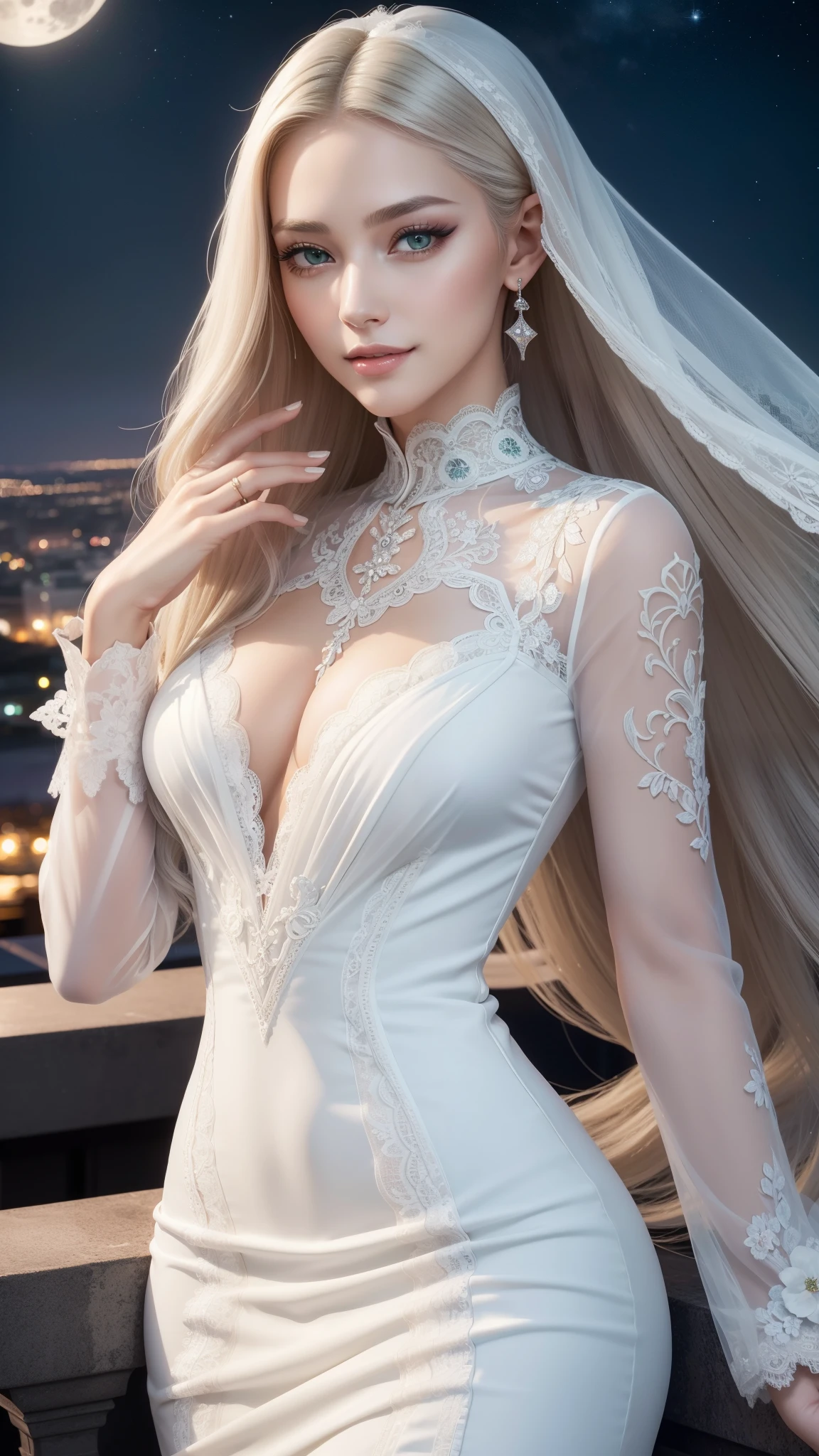 Masterpiece, beautiful detailed realistic definition, A beautiful woman , Extremely attractive woman, (smile), (platinum hair, straight, very long, shiny hair), beautiful detail eyes, (emerald eyes), long eyelashes, mascara, eyeliner, (full details white Lace Dress, elegant long dress, long sleeve), tall slender figure, Extremely detailed skin texture, beautiful detailed realistic definition, expressive eyes, (perfect detailed beautiful determinate face), professional, Extremely aesthetic, Extremely detailed realistic clothing, starry night, rooftop, moonlight, cowboy shot, elegance posture, gentle smile