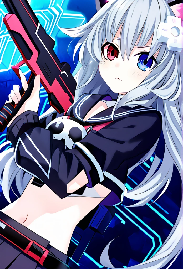 ((1girl)), ((grey hair)), cute, a female anime character holding two guns,【 sciart 💙💜 mson, coilgun, wavy long hair, cat-eared headset with neon light purple color, heterochromia eyes (blue eyes, red eyes), ((black and dark blue outfit)), white ornaments, red skirt, grey wavy hair, hair ornaments, dark blue opened cyberpunk jacket with red lines, navel showing black sailor uniform, grey sailor collar, black shirt, short sleeves)), midriff, black miniskirt