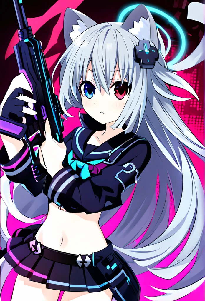 ((1girl)), ((grey hair)), cute, a female anime character holding two guns,【 sciart 💙💜 mson, coilgun, wavy long hair, cat-eared headset with neon light purple color, heterochromia eyes (blue eyes, red eyes), ((black and dark blue outfit)), white ornaments, red skirt, grey wavy hair, hair ornaments, dark blue opened cyberpunk jacket with red lines, navel showing black sailor uniform, grey sailor collar, black shirt, short sleeves)), midriff, black miniskirt