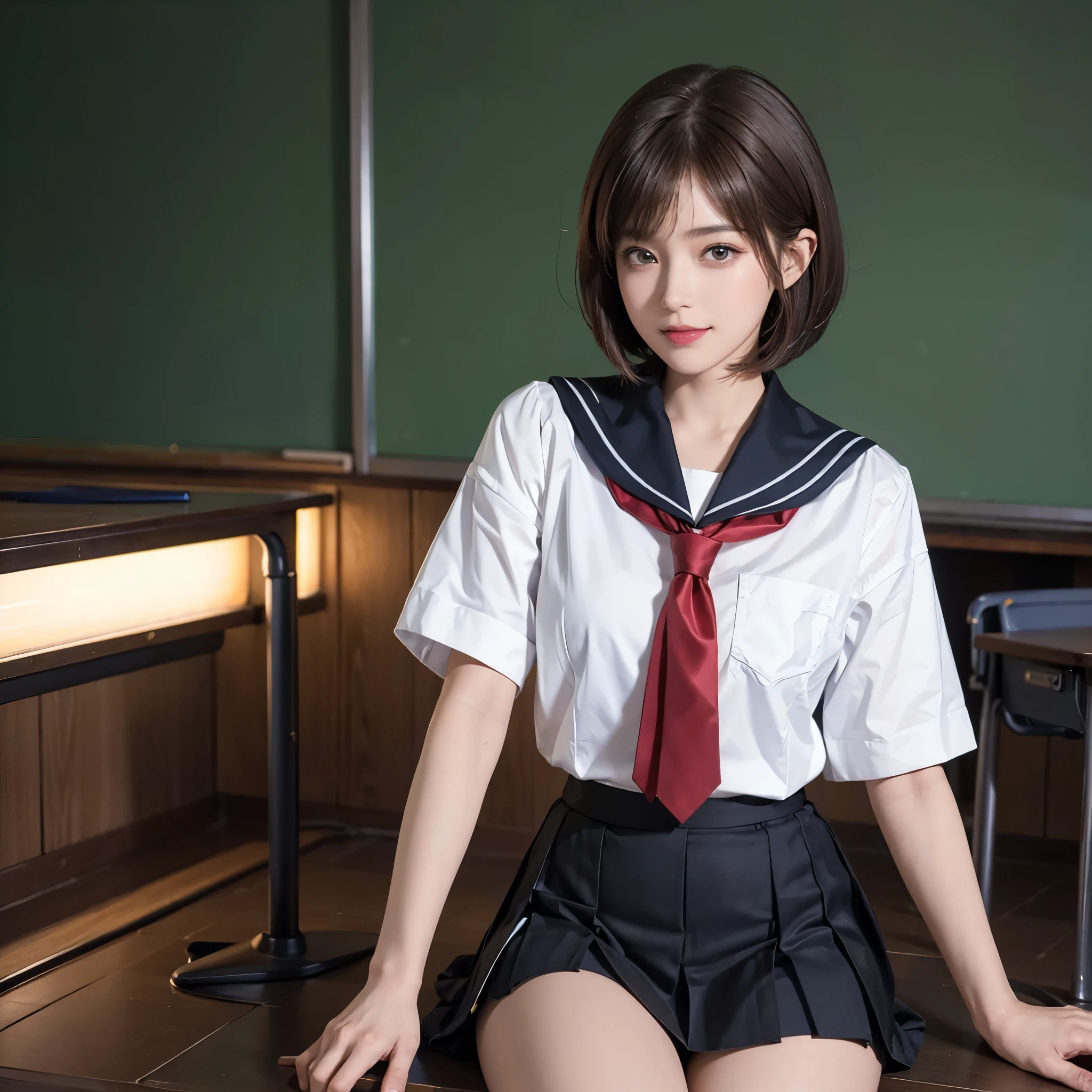 (8K、RAW Photos、top-quality、​masterpiece:1.2)、(realisitic、Photorealsitic:1.37)、女の子1人、japanes、、femele、‎Classroom、natta、profetional lighting、Photon mapping、torn、Colossal tits、The tips of the knitted, which are pure white and very small in size, stick out、areola protruding、The shape of the pubic area is clearly visible、gals、Lots of lashes、Lame on the eyelids、Pitch black lip、Pitch black heels、pubick hair、the lower abdomen bristles、A slender、crotch open、My are big and are about to spill out of my bra、Very much pubic hair、pubic hair is very protruding、((a sailor suit))、maroon short hair