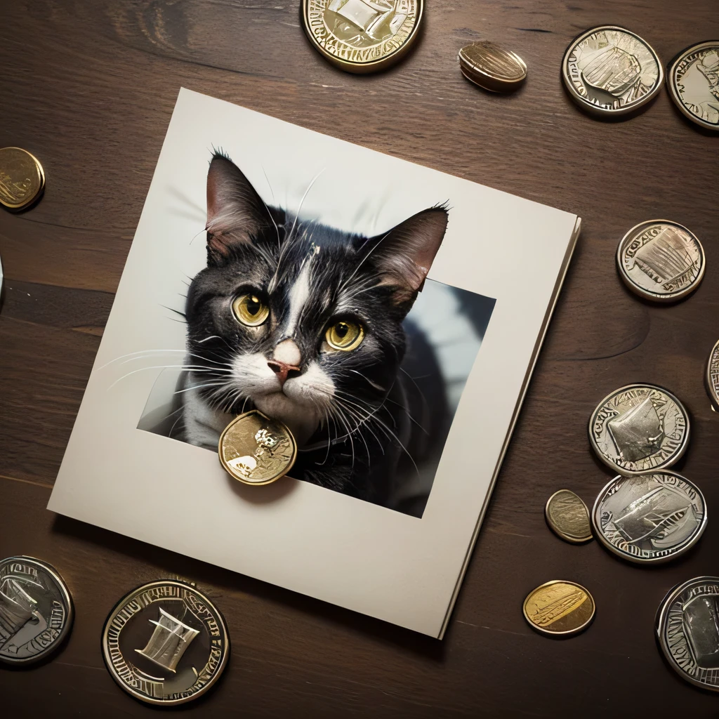 RAW photo, 8K, realistic, cat ,bill, money, (coin:1.8),