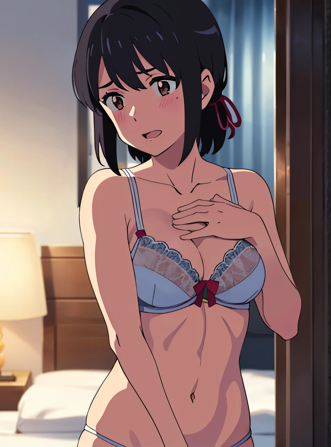 shinkai makoto, kimi no na wa., 1boy, nude, muscular, buzzcut, boy behind girl, touching chest, breatsgrope from behind, grab, grabbing chest,chestgrab behind back, hold breast, hug back, hugging, 1girl, bangs, black hair, brown eyes, short hair, hair ribbon, sexy pose, arms up, beach, open mouth, blush,  cowboy shot, medium breast, white bra, whit panties, masterpiece, masterpiece, indoors, night, bedroom 