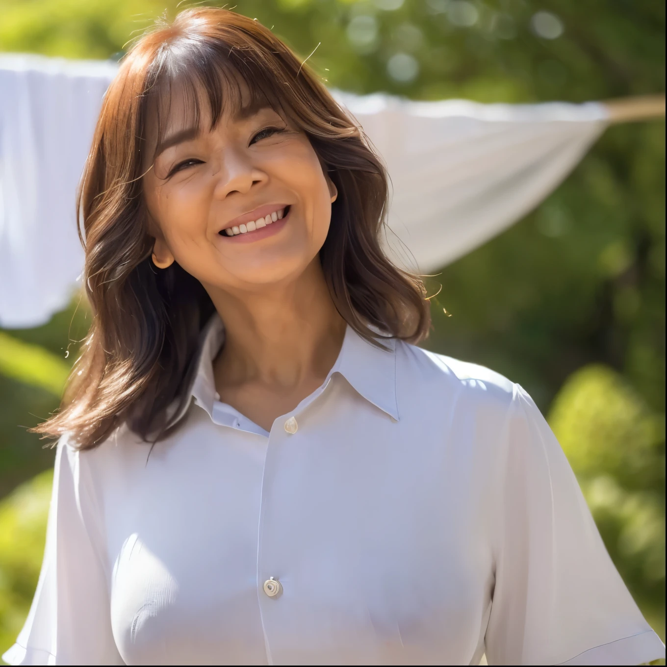 ((highest quality)), ((8k)), ((masterpiece: 1.3)), (Perfect appearance), (Photorealism: 1.6), (A Japanese mature woman standing in the garden), (Woman hanging laundry: 1.4), (Blurred Background: 1.8), (Bust-up portrait of a Japanese mature woman: 1.4), (60 years old), ((Stand upright, Look forward, A woman in the center of the screen: 1.6)), ((Realistic skin texture)), (Fine wrinkles appear all over the skin: 1.3), (Dullness: 1.1), (Unmoisturized skin: 1.2) , (Facial wrinkles: 0.9), (Wrinkles around the eyes: 1.2), double eyelid, Lower eyelid tear trough, (Crying Mole: 0.9), The eyes are looking here, Serious look, (Dimples: 1.2), Laugh with the corners of your mouth wide open, (Short bangs), (Long hair with curled ends), (Smooth hair), (Both ears are visible), (Voluptuous body: 1.4), (Large Breasts: 1.4), (shirt: 1.6), (透けるshirt: 1.0), (shirtのボタンは第二ボタンまで外れている: 1.4), (Her chest is exposed: 1.2),