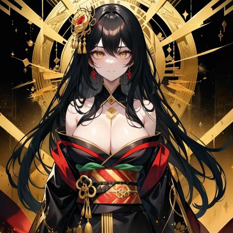 1 very tall woman. tall. mature. long black hair. twisted gold eyes. large bust. Black and gold kimono. Opened kimono. revealing. intrigued expression. enchanted. Gilded demon woman. Talisman paper on her body. Sinister smile.