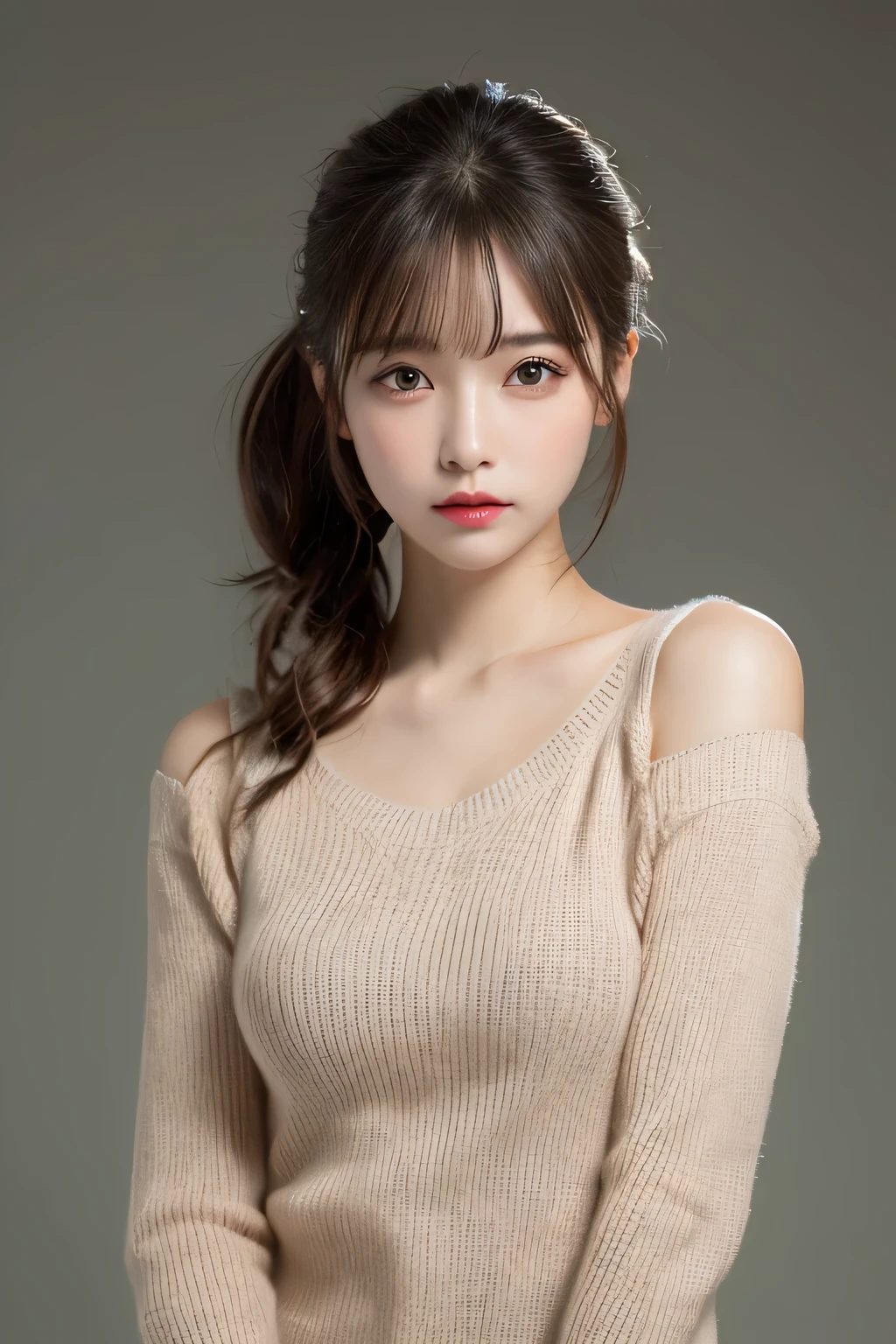 finely detail, hight resolution, hightquality、Perfect dynamic composition, Beautiful detailed eyes, Medium Hair, small 、Natural Color Lip,Kamimei、Shibuya、18 years girl、1 persons、Transparent skin、Glowing hair、masutepiece, Best Quality, Illustration, Ultra-detailed, finely detail, hight resolution, 8K、The correct state of the human body、Randomly cute poses,Ponytail hair,beauty legs,Perfect beautiful face,KPOP Idol Face,Face that feels ecste pale beige knitted dress,Background blur,Do Guts Pose, Large Breasts, Sl,