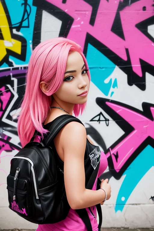 A  with bright pink hair and a rebellious attitude stands in front of a graffiti-covered wall, her backpack slung over one shoulder and a mischievous glint in her eye.