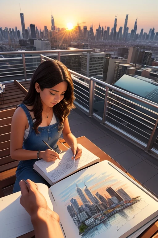 As the sun sets over the city, a sits on a rooftop, her sketchbook in hand as she captures the skyline in intricate detail, her passion for art shining through in every stroke of her pencil.