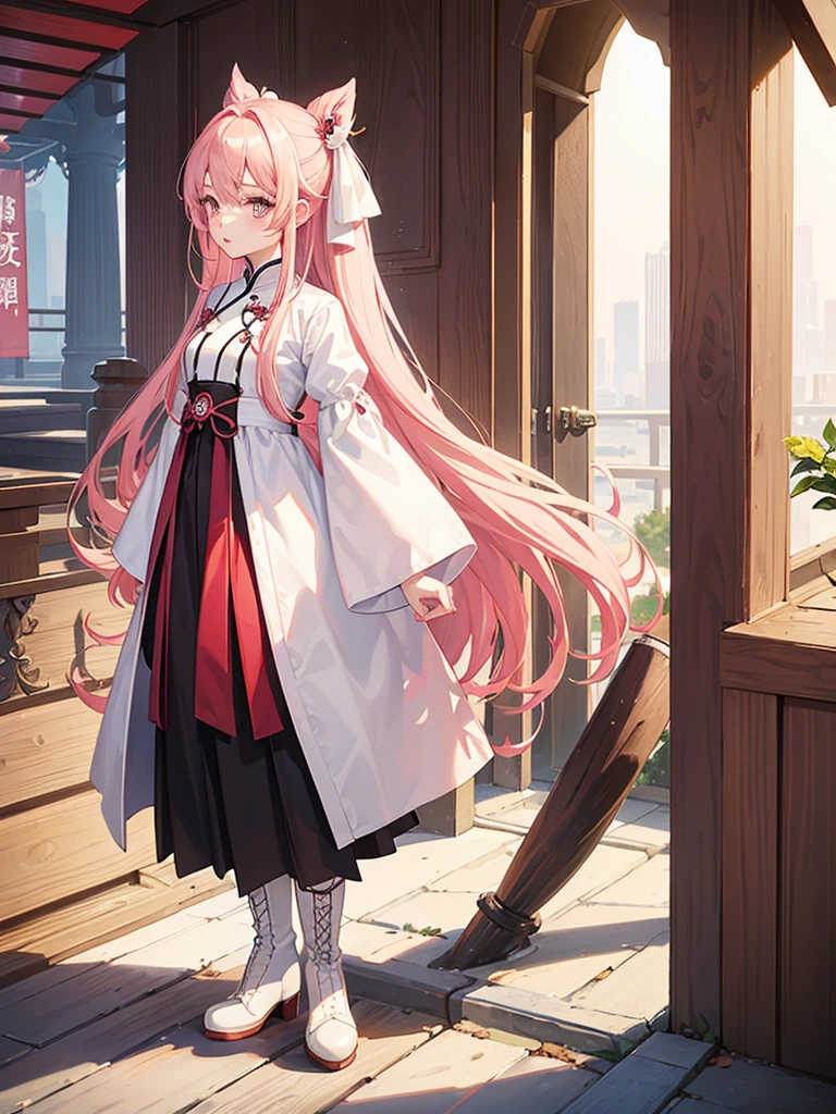Girl in her late teens、Crimson Eyes、Pink lips、Long blonde hair tied with a white ribbon、The long black Chinese dress has no sleeves.、Brown long boots、