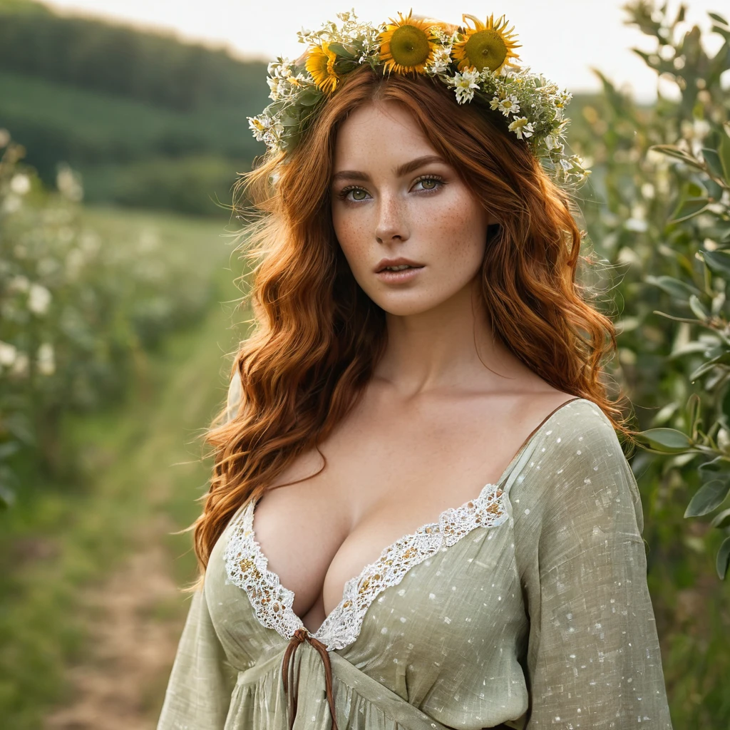 Luma is a topless person, she is beautiful And have a strong posture, she has huge breasts that have a voluminous proportion, a pear feminine silhouette, Auburn hair, long Auburn hair, She has expressive eyes, ( Only eyes olive green) Her skin is fair and she has some light freckles on her cheek bones, busty, Farm, Brown rustic clothes, boho clothes, farm boho fashion clothes, romantic vibes, fire lights, fire sparkles, flowers clothes the hair to be half straight and half with curled ends cartoon, nude tits