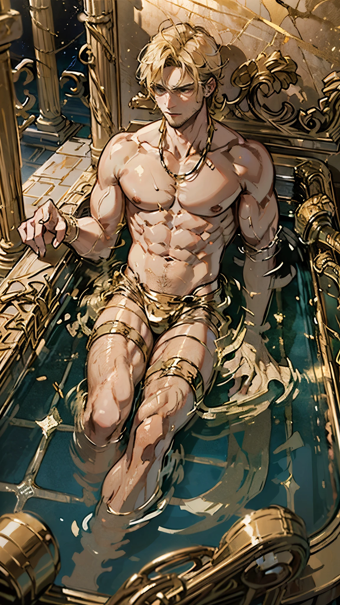 ((1 man)),(male muscle, pectoral,man chest, muscular), ((male focus)),(((short blonde hair))) greek, detailed face, detailed body, wearing gold jewelry
((beautiful greek bath house, marble, pillars, (clear water, pool))((at night)),((greek temple background)),( detailed),(((vibrant colors,vibrant theme))),(masterpiece)