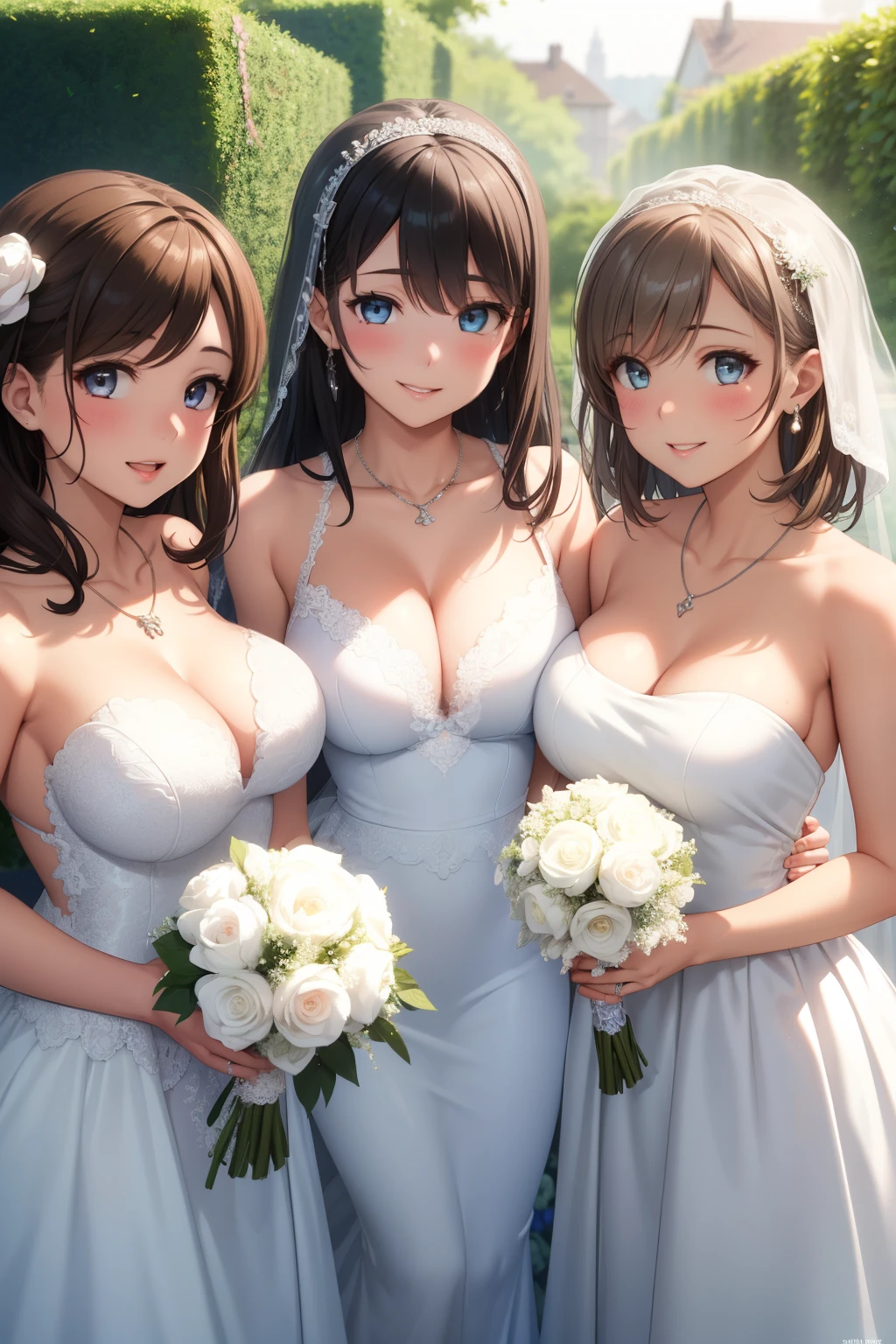 3girls, (multiple girls), natural lighting, masterpiece, highly detailed, illustration, game CG, absurdres, high quality, aichan, large breasts, beautiful detailed eyes, glossy lips, light smile, collarbone, garden, elaborate wedding dress, necklace, lace, silver embroidery, bride and bridesmaids, bridal party, arisa ayase