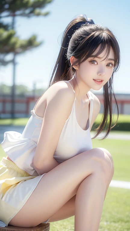 8K、Detailed Description、Very high definition、Realistic、reality的、Real、live-action、reality、High resolution、Nogizaka46、japanese idol,beautiful girl、look back、21 years old、White sleeveless lacrosse uniform、Knee-up-top angle of view、Mouth closed、Lacrosse court、sunny、Strong winds、ponytail、Very black hair、Pastel yellow flared mini skirt、Her skirt is flipped up、Hair blowing in the wind、pretty girl、Beauty、D cup breasts、Glowing Skin、Glowing Skin、Shiny Hair、Very white skin、Heavy makeup、Slit eyes、Big Eyes、Double eyelids、Smile without showing your teeth、Arms folded behind back、clear