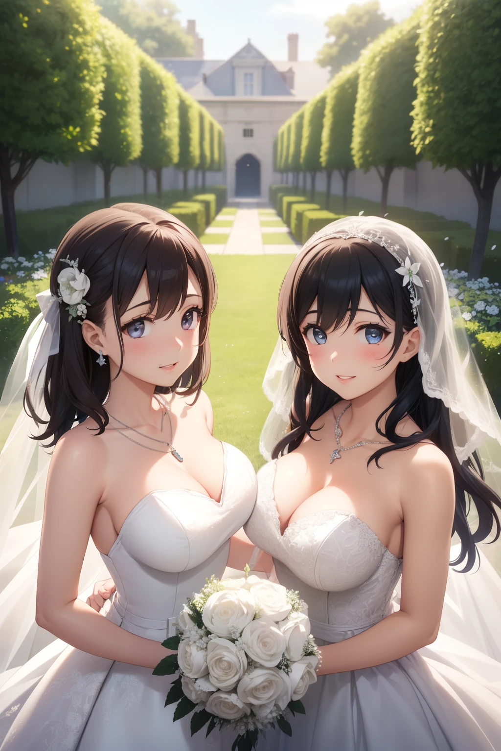 3girls, (multiple girls), natural lighting, masterpiece, highly detailed, illustration, game CG, absurdres, high quality, aichan, large breasts, beautiful detailed eyes, glossy lips, light smile, collarbone, garden, elaborate wedding dress, necklace, lace, silver embroidery, bride and bridesmaids, bridal party, arisa ayase