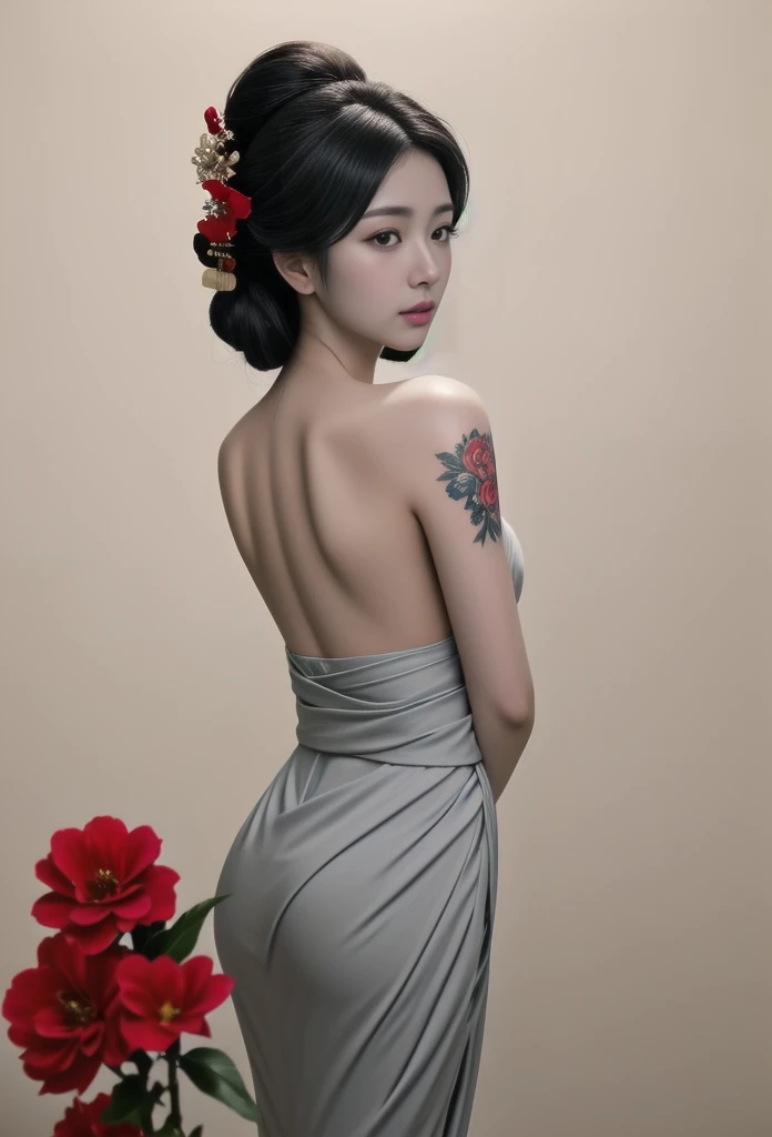 Waist-length view. A detailed drawing of a geisha midriff portrait made with a thin black pencil in shades of gray and red (flowers, tattoo). View from behind, up to the waist, she squints at the viewer, turning over her left shoulder. Naked thin shoulders. Japanese geisha makeup, elegant tattoos with dragons and flowers. Complicated hairstyle, red flowers in her hair. Long eyelashes, a very beautiful slender sexy young Japanese woman, white skin. Master's drawing, very high quality, photographic accuracy.