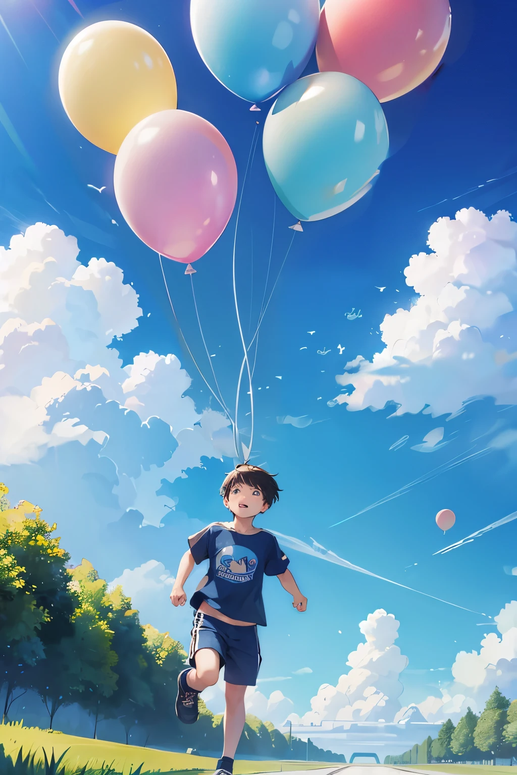 June 1 Children's Day, boys and girls running back, the sky has blue sky, dream clouds, dream balloons, 8K, surrealism