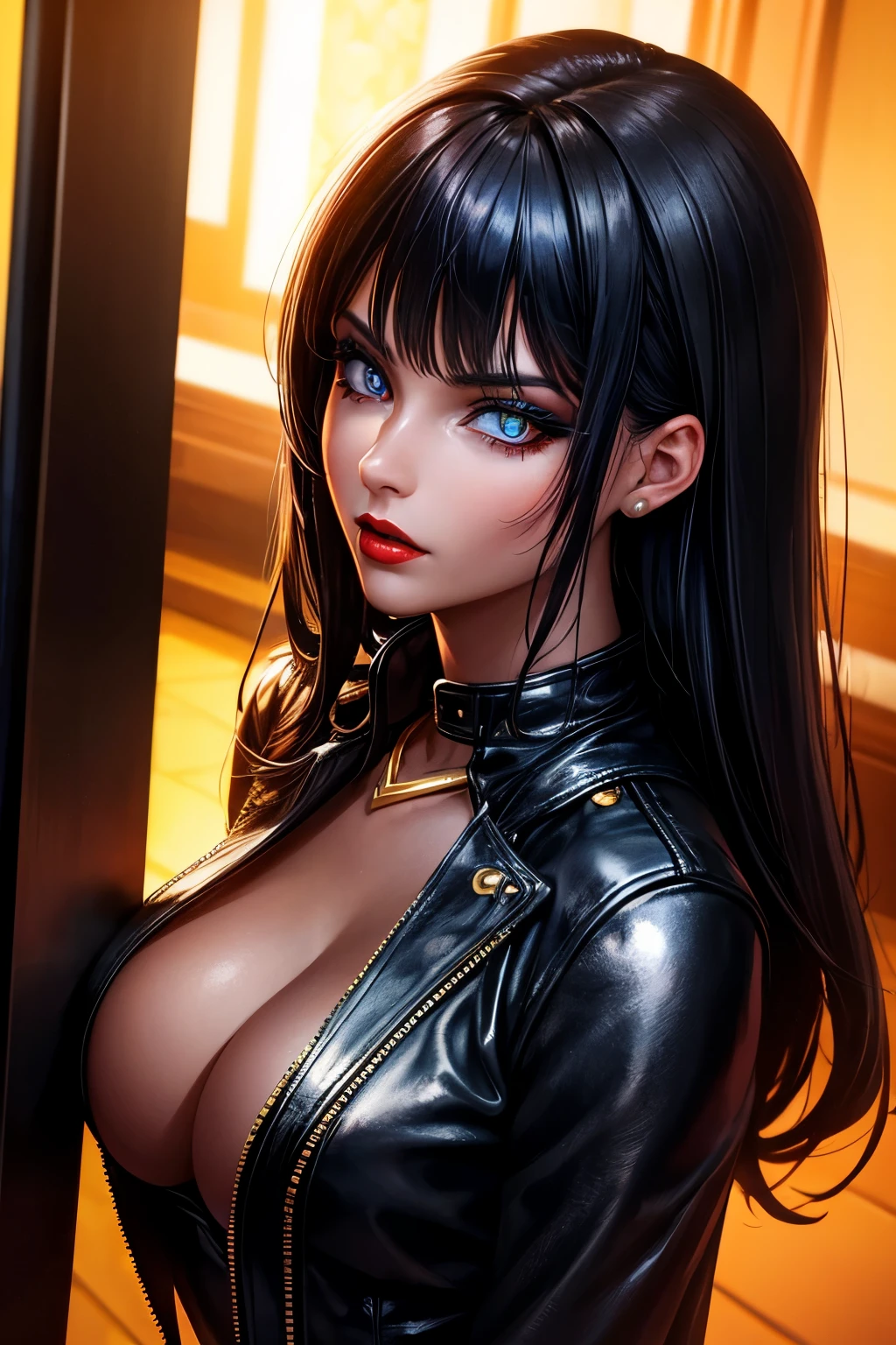 Woman, 30 years, hot, Tight black dress, high-heeled boots, leather jacket, gold accessories, vibrant, dark blue hair, amber eyes, makeup, red lips, high detail, cinematic lighting, close-up, caustics, masterpiece, textured skin, super detail, high quality