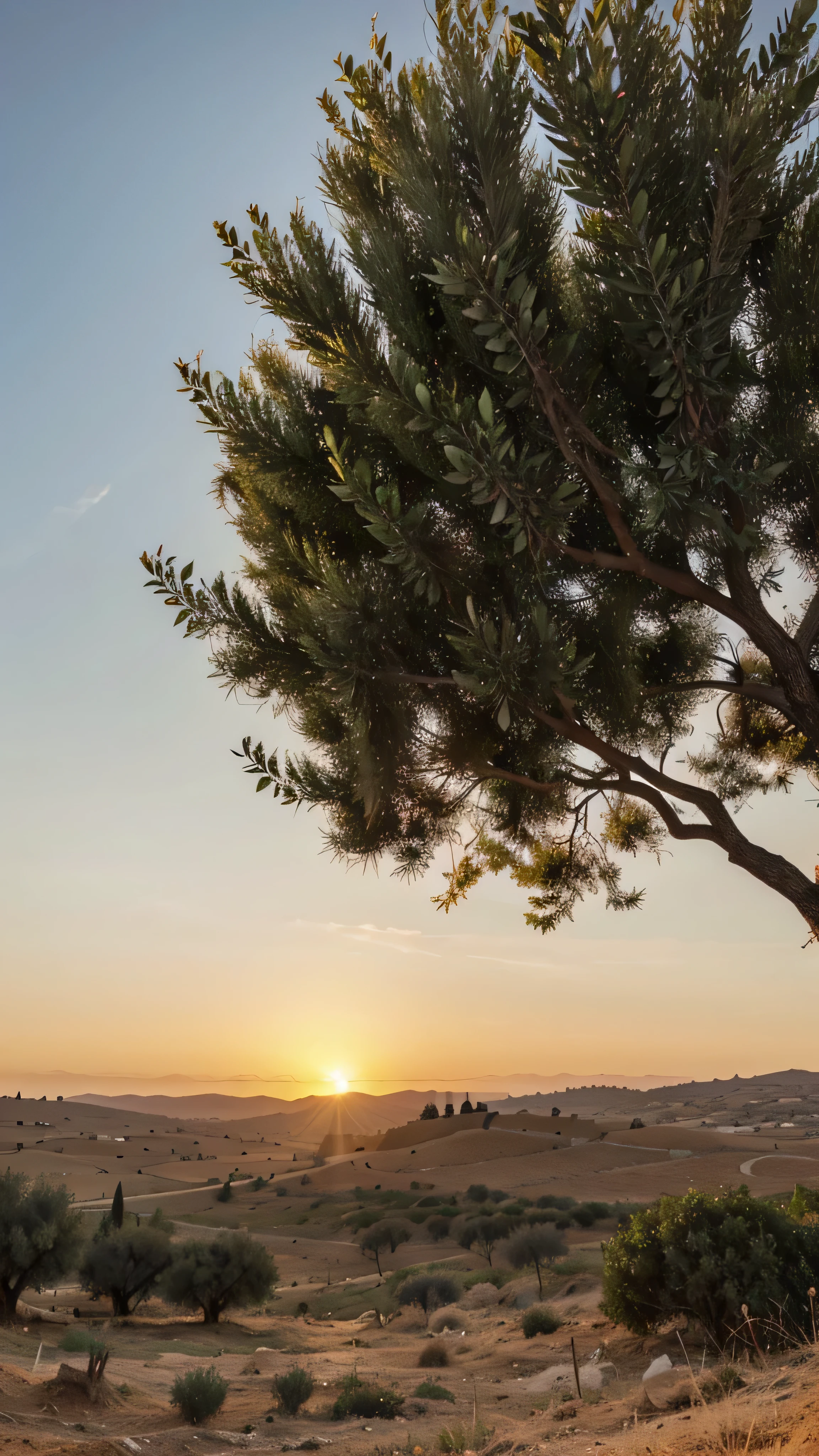 Mobile wallpaper based on the Palestinian flag, olive trees and sunrise 