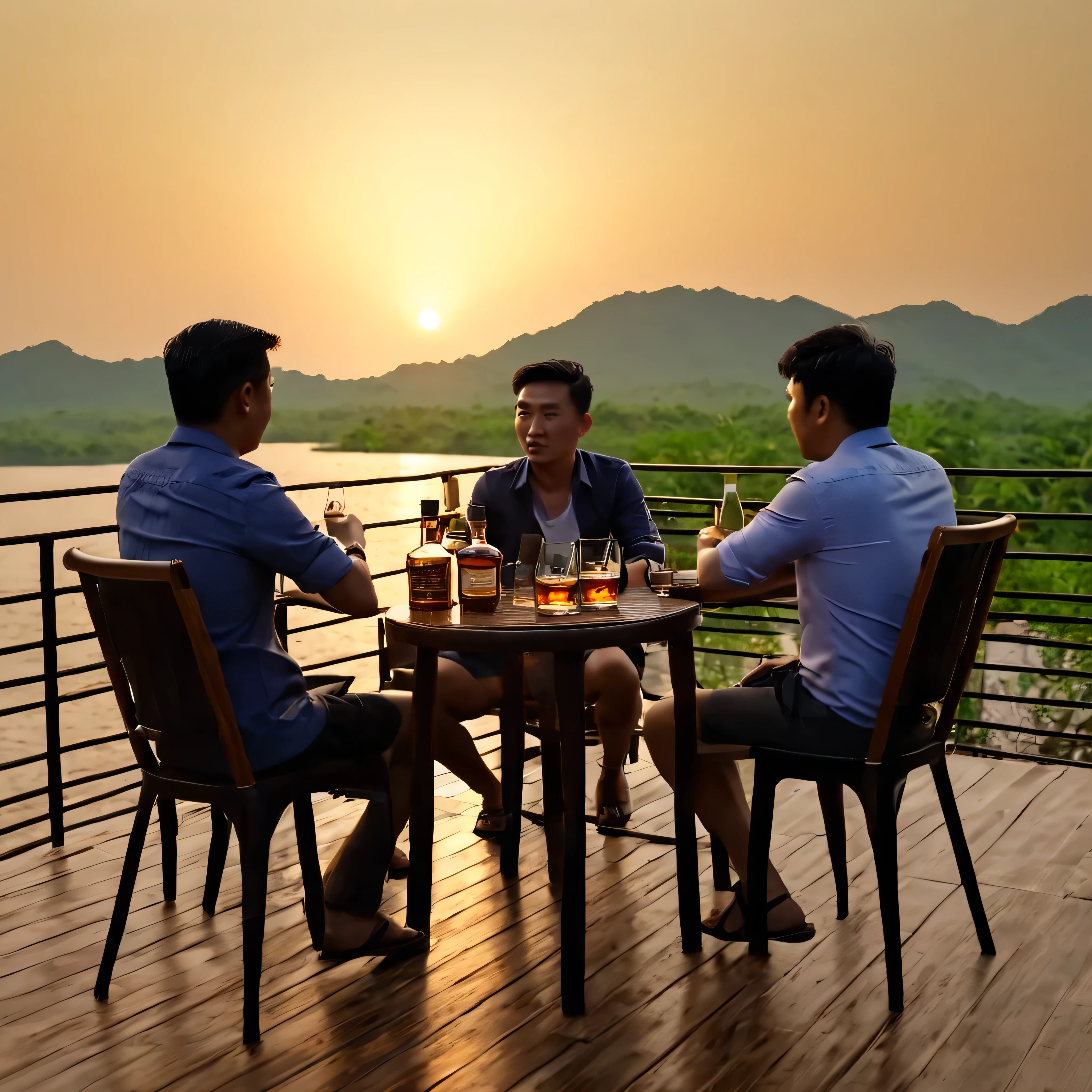 Whisky Chill, age of 30 to 40, 3 man Group, Asia Look, Sunset, Table, Chair, Whisky bottle, in restaurant, High Quality, 4K Resolution, Small Whisky cup, Asia poor Boy, 10 feet distance from camera, Realistic Image, only 3 man