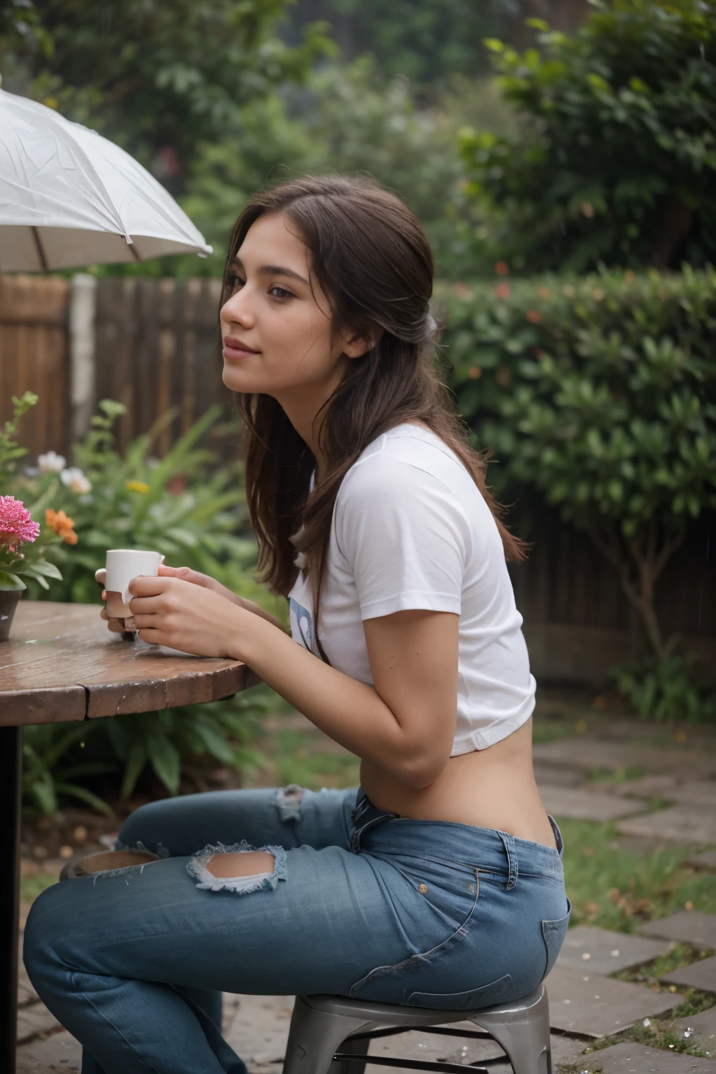 Realistic indian 21 Year old cute boy proposing on with 16 year beautiful girl in yellow t-shirt and blue pant the garden with an and a flower on, wearing a black shirt and blue jeans with name "R" As girl name "D" write on it, after rain and Boys, beautiful lonely picture, pretty girl seating on the stool, so happy picture,profile pic, rainy weather, beautiful realistic photo, ultra realistic picture, rainy day, very beautiful photo, hyperealistic photo, it is raining